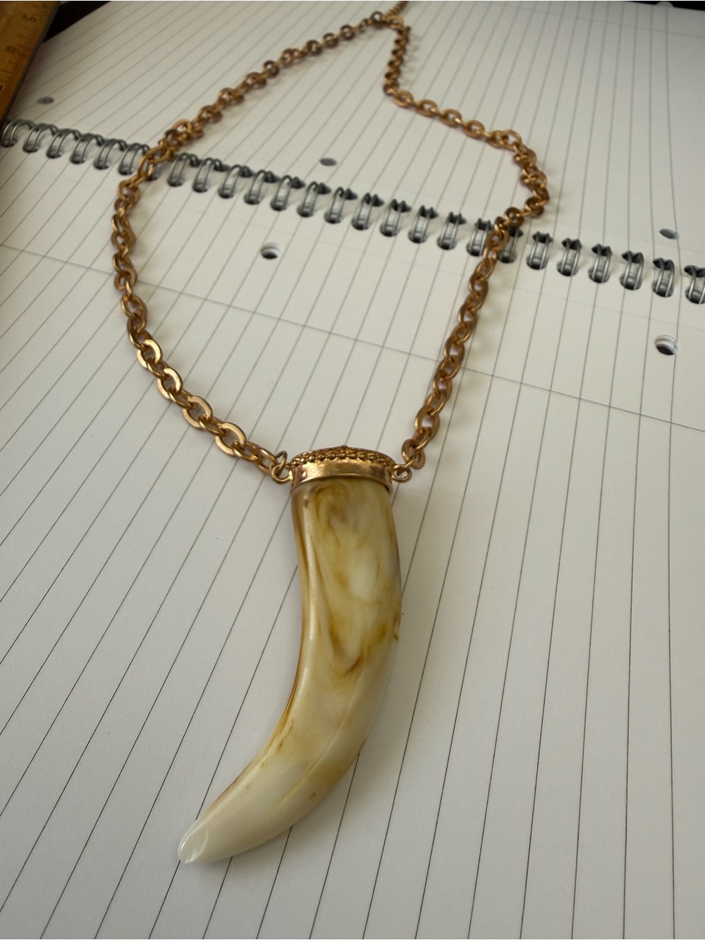Gold-Tone Necklace with Cream Marbled Tone Resin Horn Pendant